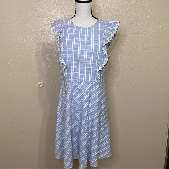 Draper James Blue Linen Embroidered Plaid Dress - Picture 2 of 14